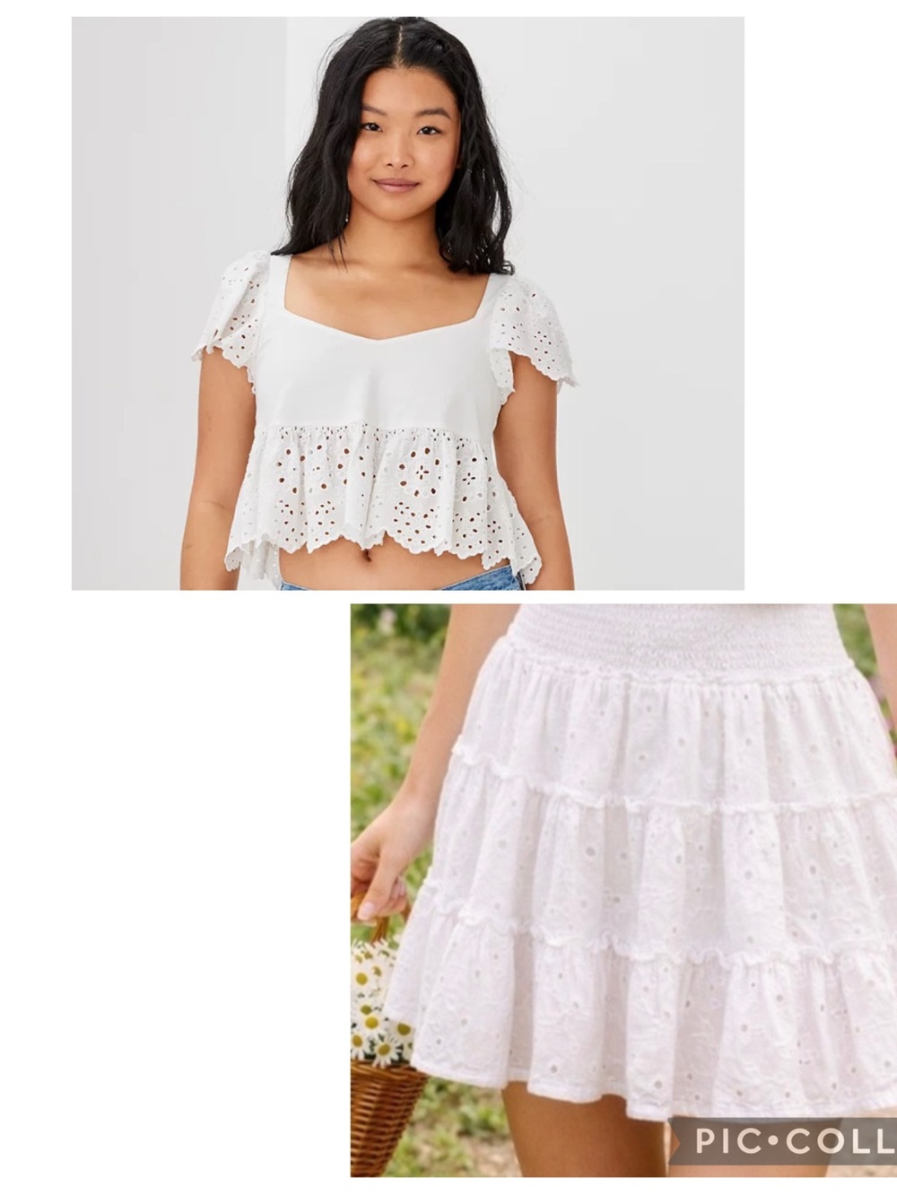 American Eagle Ruffle Sleeve Babydoll Blouse & Tiered Eyelet Mini Skirt Set Sz S